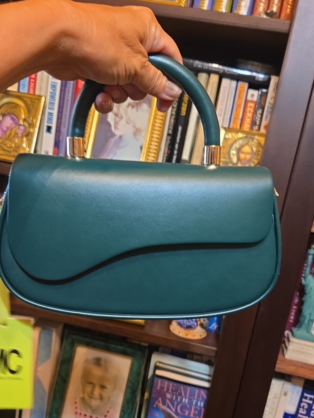 Elegant Structured Deep Green Top-Handle  Midsize Mini Bag